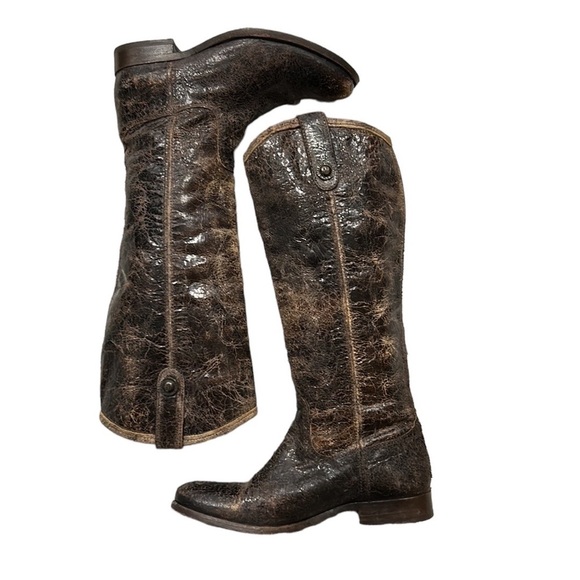FRYE | Melissa Button Riding Boots in Chocolate Glaze Vintage Distressed 7.5 - Picture 2 of 16
